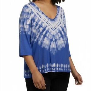 CHICO'S Size 2 US L Slub Knit Tie Dyed Tunic Top‎ 3/4 Sleeves Blue